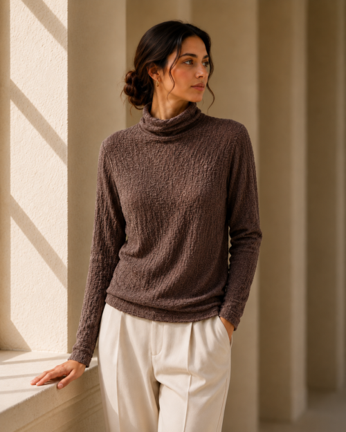 Bark Texture Fine Wool Turtleneck — Coffee Brown -1 Bark Texture Fine Wool Turtleneck — Coffee Brown -1