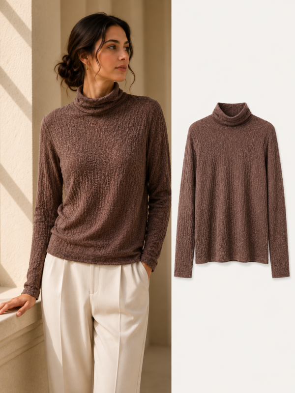 Bark Texture Fine Wool Turtleneck — Coffee Brown - 2
