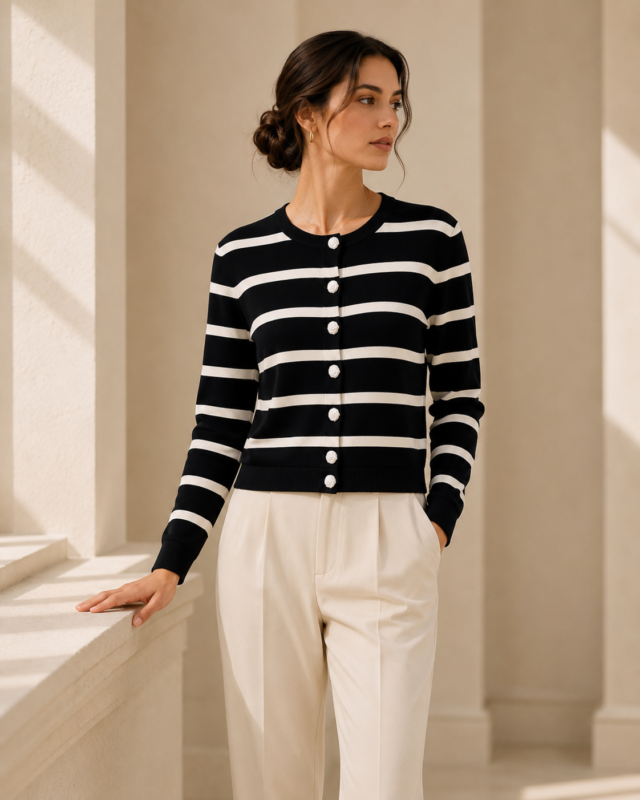Breton-Stripe-Knit-Cardigan-—-Black-White-1