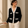 Contrast Trim Knit Cardigan — Black / White