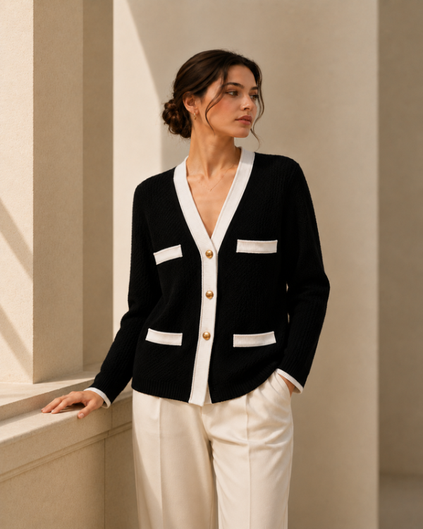 Contrast Trim Knit Cardigan — Black / White
