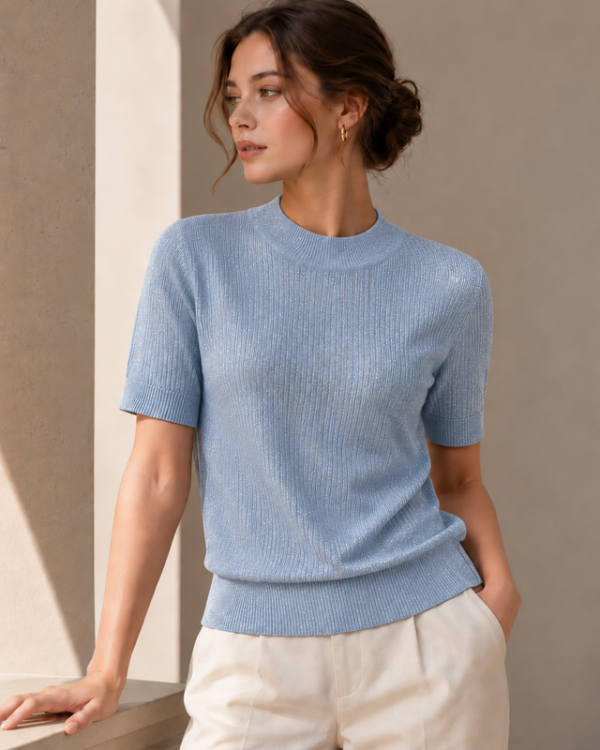 Shimmer Ribbed Short-Sleeve Knit – Powder Blue