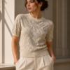 Silver Thread Jacquard Short-Sleeve Knit – Beige