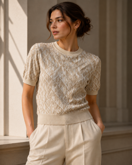 Silver-Thread_Jacquard_Short-Sleeve_Knit_Beige Silver Thread Jacquard Short-Sleeve Knit – Beige