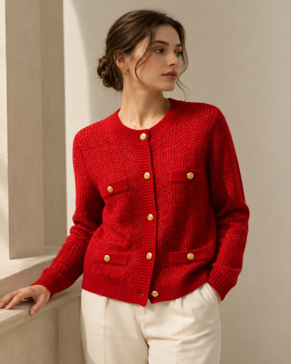 Textured Four-Pocket Cardigan – Red