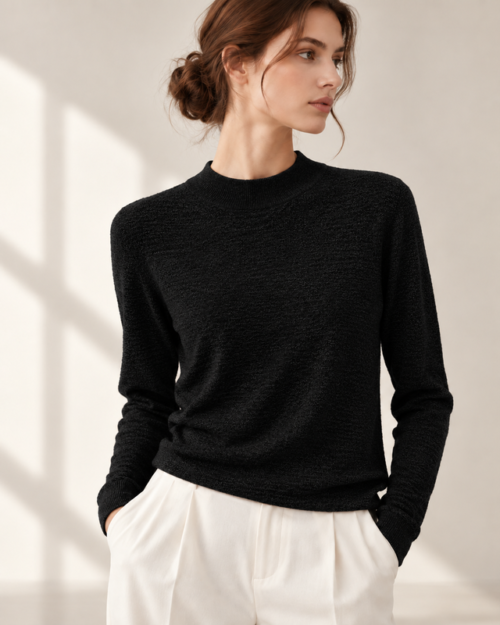 DUC_DORE_Black_Bark_Texture_Knit_640x800 (2) Lightweight wool mock neck knit – Black