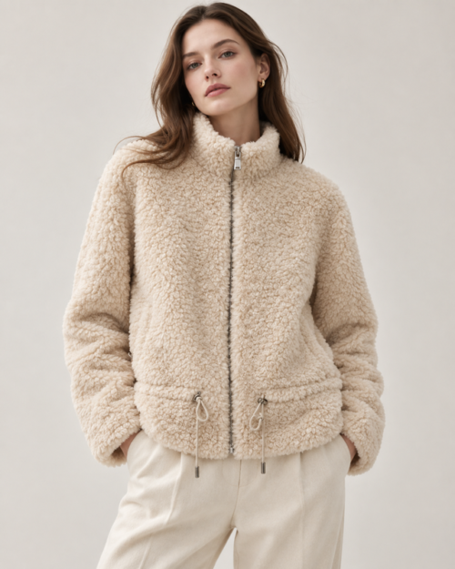 DUC_DORE_Cream_Jacket_Model Wool Pile Zip Jacket – Cream