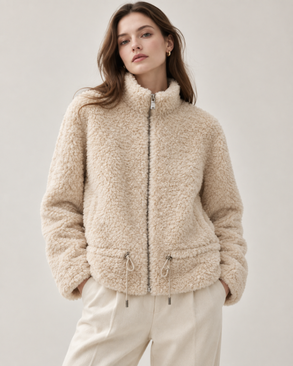 Modèle_Veste_Crème_DUC_DORE Wool Pile Zip Jacket – Cream
