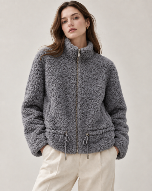 DUC_DORE_Grey_Wool_Pile_Jacket_Model Wool Pile Zip Jacket – Grey