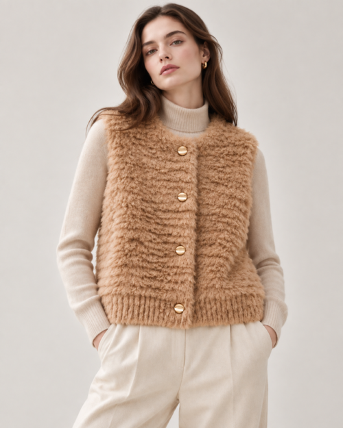DUC_DORE_Vest_Knitwear_Model Wool Pile Vest – Camel