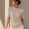Shimmer Ribbed Short-Sleeve Knit — Beige