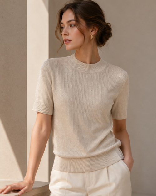 Shimmer Ribbed Short-Sleeve Knit — Beige