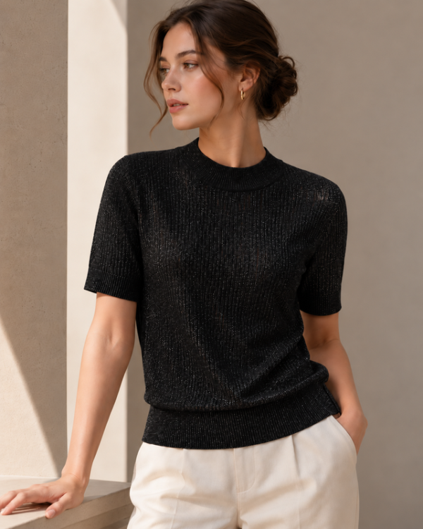 Shimmer Ribbed Short-Sleeve Knit – Black