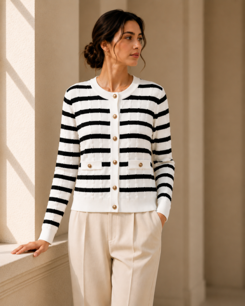 textured-stripe-cardigan-black-white Striped cardigan in black and white